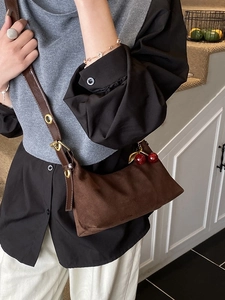 Brown large capacity suede tote bag with cherry pendant and adjustable leather strap