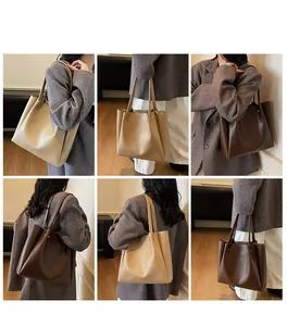Detailed views of apricot and dark coffee large tote bags with slim shoulder straps