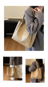 Lifestyle views of a beige large capacity tote bag worn on shoulder and handheld