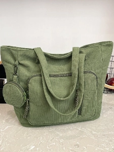 Borsa Tote in Velluto a Coste Donna Grande Capacità Borsa a Spalla Casual Con Borsellino Tondo Retro Borsa a Mano per Pendolarismo