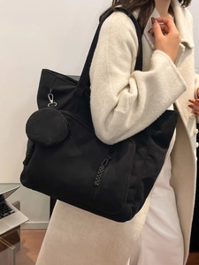 Grande borsa tote in velluto a coste nero da donna con portamonete coordinato