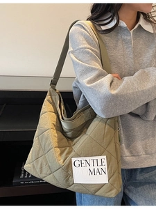 Dark green quilted large tote bag with Gentle Woman logo label for women shopping