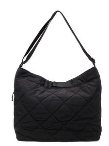 Black quilted tote bag with adjustable strap and classic diamond pattern for daily use
