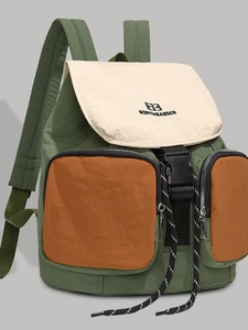 Green and beige versatile outdoor backpack with orange pockets and waterproof nylon finish