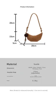 Spécifications de taille pour sac croissant en daim marron avec bandoulière réglable et mesures