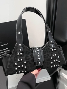 Vintage PU Leather Leopard Print Rivet Shoulder Bag For Women Large Capacity Moto Punk Style Underarm Bag Fashion Handbag
