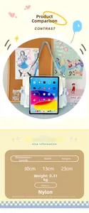Size chart and specifications for the nylon star tote bag with dimensions and weight