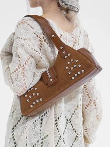 Brown rivet shoulder bag in faux suede with silver studs and a chic baguette shape