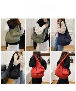 Collage of model wearing large canvas tote bags in olive green, navy, black and red colors