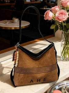 Retro Flannel Large Capacity Tote Bag For Women Embroidered Letter Shoulder Bag Casual Texture Handbag With Bead Charm