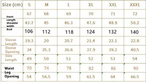 Size chart for men's casual polo set showing measurements for S to 3XL in cm