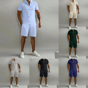 Detailed color options of men's waffle polo sets including light blue, green and beige