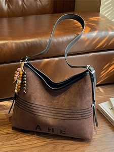 Retro velvet large capacity tote bag in brown suede with black straps and letter embroidery