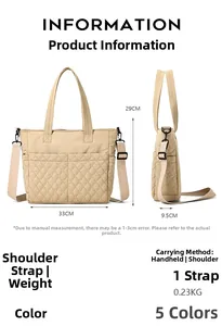 Tableau détaillé des tailles pour le sac cabas matelassé beige mesurant 33cm par 29cm