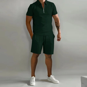 Men's dark green short sleeve zipper polo shirt and drawstring shorts casual summer set