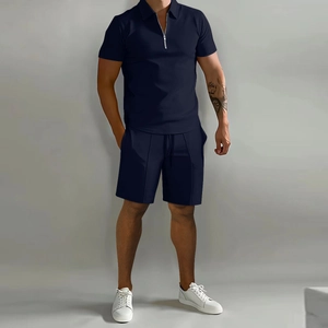 Men's dark blue knitted sports set with zipper polo shirt and drawstring casual shorts