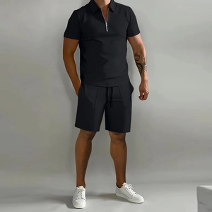 Men's Summer Casual Polo Shirt And Shorts Set Polyester Zipper Lapel Short Sleeve Top And Bottom Sporty Tracksuit