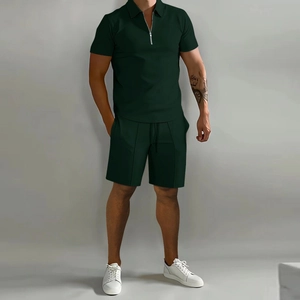 Men's summer dark green short sleeve zipper polo shirt and drawstring shorts casual set