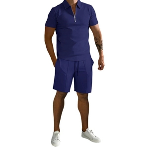 Men's casual summer two-piece polo set with quarter-zip top and matching shorts