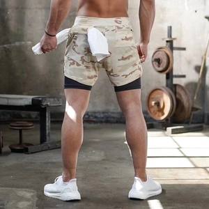 Men's camo fitness shorts with double-layer design and functional rear towel loop feature
