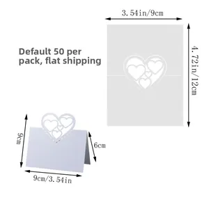 Detailed size chart for white laser-cut heart place cards showing folded dimensions