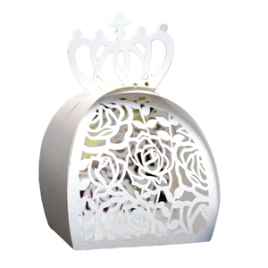 Detailed laser cut white wedding candy box with elegant crown top and floral patterns