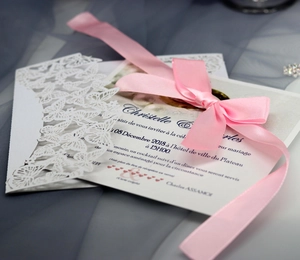 Elegante lasergeschnittene Schmetterling-Hochzeitseinladung mit rosa Seidenband