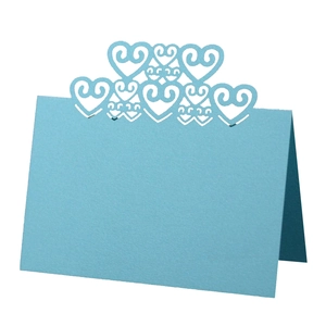 Elegant light blue laser-cut heart hollow table place card with a foldable standing design