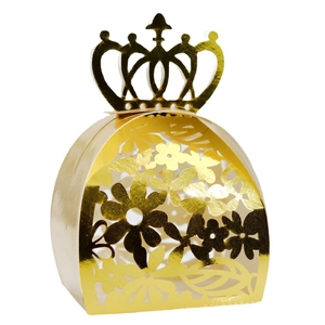 Golden laser-cut crown favor box with hollow floral patterns for wedding and party gifts
