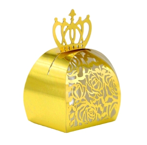 Detailed laser-cut rose pattern on premium gold metallic crown wedding candy gift box