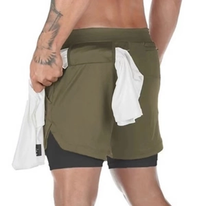 Detail of 2-in-1 sports shorts showing back towel loop with olive green and black layers