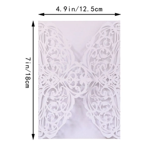 Laser-cut white invitation cover with butterfly patterns, dimensions 12.5cm x 18cm