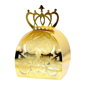 Laser cut gold crown candy box with floral patterns for weddings and gifts