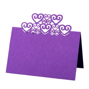 Elegant purple hollow heart laser-cut place card for wedding party and banquet table seating