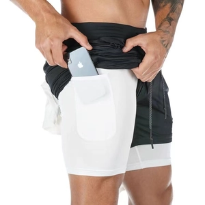 Detail of 2-in-1 sports shorts showing the elastic inner pocket for phone storage