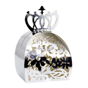 Silver laser-cut candy box with crown hollow design and intricate floral patterns