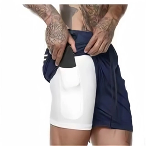 Detail of men's double-layer sports shorts with white compression liner and phone pocket