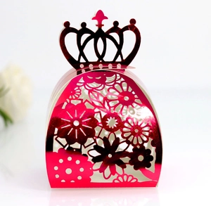 Close-up of laser-cut candy box with crown detail in metallic rose red finish