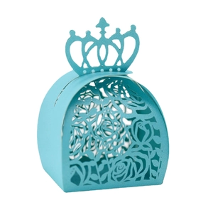 Detailed laser-cut turquoise gift box featuring a crown handle and rose hollow pattern