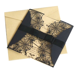 Laser cut black spider web invitation with silk ribbon and kraft envelope set