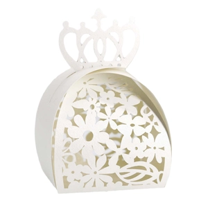 Detailed laser-cut pattern and crown top on white wedding favor box for candy