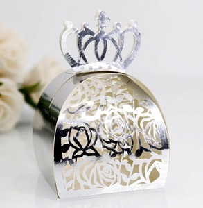 Detailed close-up of silver hollow crown candy box with laser-cut rose patterns