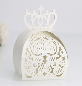 Detailed laser-cut heart pattern on white crown-top wedding favor gift box