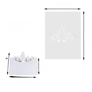 Detailed dimensions of laser-cut white cardstock place cards with forest tree silhouette