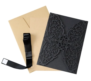 Laser cut black hollow invitation card with butterfly pattern and elegant satin ribbon