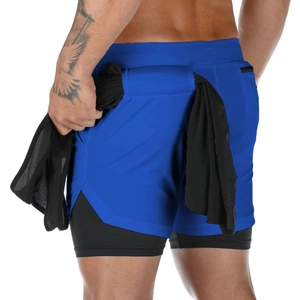 Detail view of double-layer athletic shorts featuring a convenient back towel hanging loop