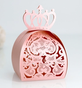 Macro detail of laser-cut heart patterns on elegant pink crown favor box