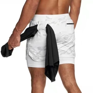 Detail of white camo running shorts with double layer lining and back towel loop