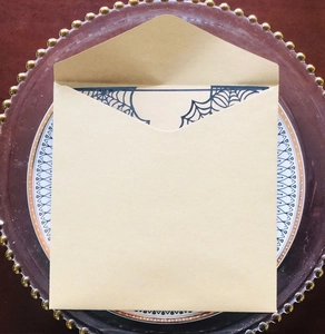 Macro detail of gothic spider web invitation card inside a vintage kraft paper envelope