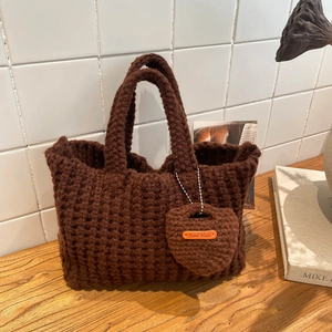 Knitted Fabric Crochet Tote Bag For Women Vintage Woven Handbag With Heart Pendant Casual Winter Daily Top Handle Bag